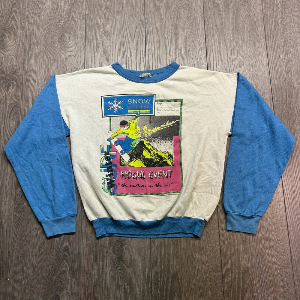 Vintage 80s Snowboarding Mogul Event Sweatshirt Blue Cream Graphic Small
